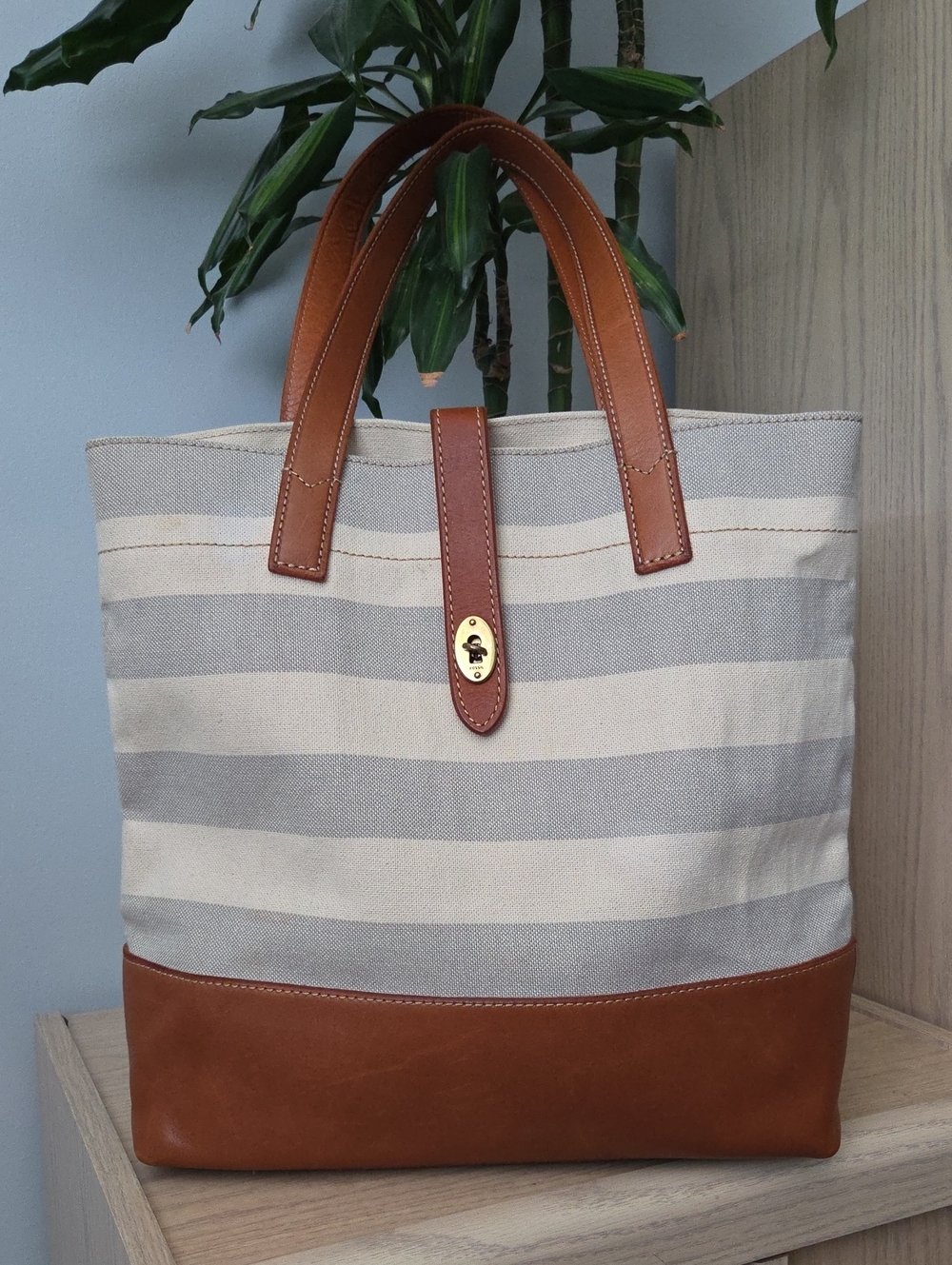 Fossil Austin Canvas Striped Leather Tote In Gray Cream & Cognac
